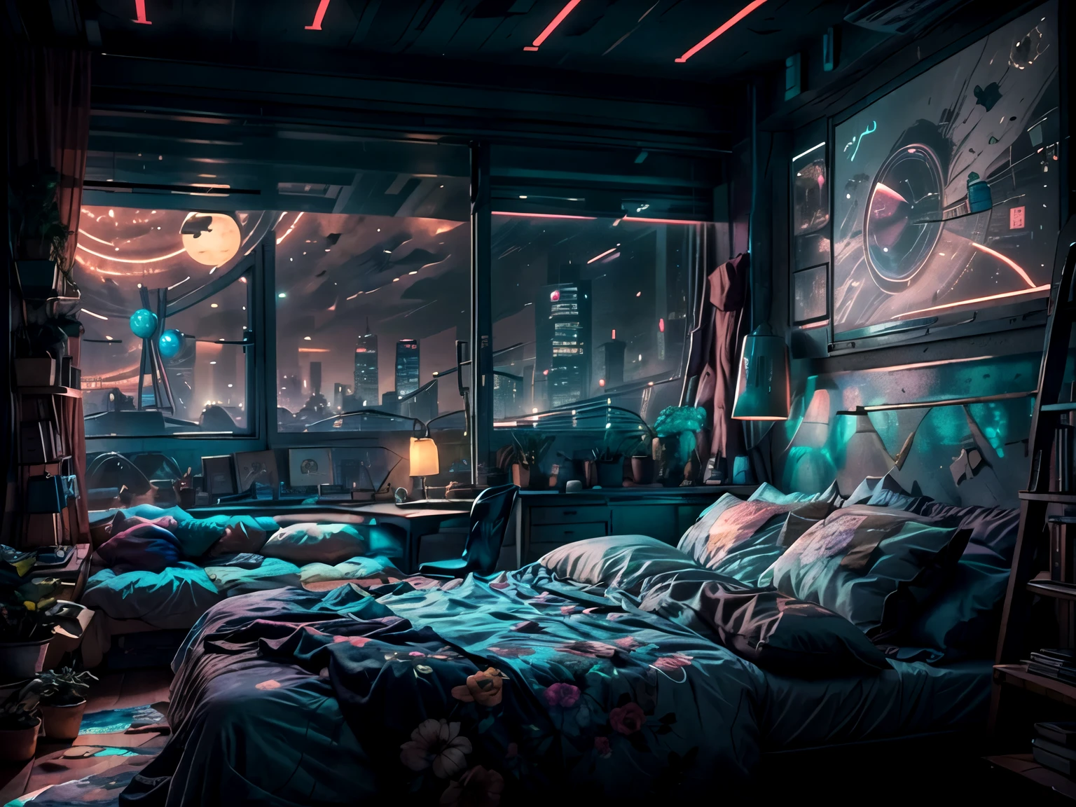 This a (((masterpiece))). Generate a cozy bedroom with a large window directly in front of the camera. The bedroom should be cool and peaceful, with retro furnishings and accessories. Through the window is brilliant cyberpunk city awash with neon light and blinking, colorful signs. It is nighttime, and the city is much brighter than the interior of the room. Contrast the peaceful interior of the bedroom with the busy, ultra-detailed cityscape seen through the window. The perspective of this artwork is from inside the bedroom looking out. 