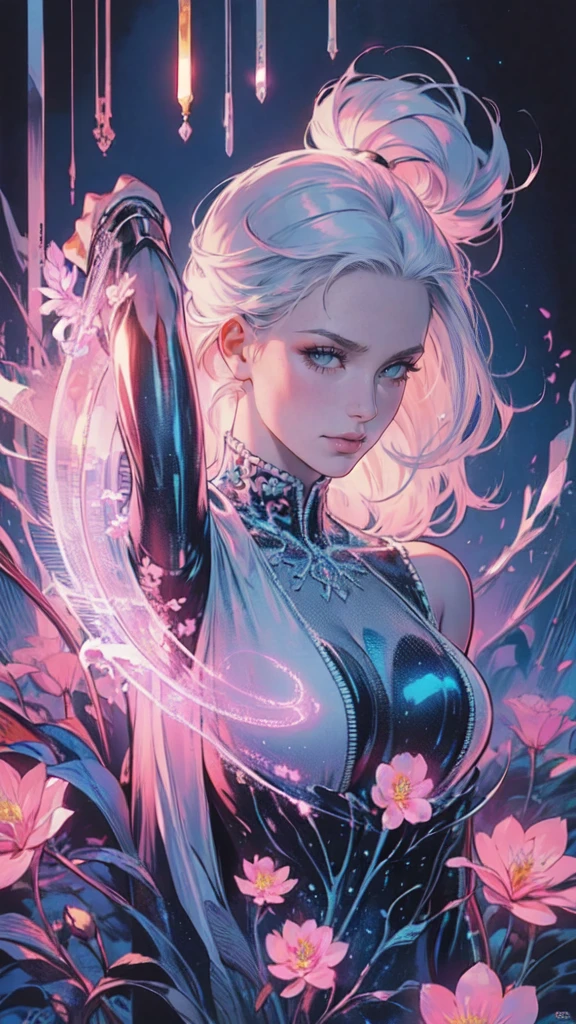 Beautiful lady , wonderful blue eyes, silver hair, pink lips, jacket cover her shoulderasterpiece, Top Quality, Best Quality, Official Art, Beautiful and Aesthetic: 1.2), (1 Flower), Upper Body, Extremely Detailed, (Fractal Art: 1.3), Colorful, Most Detailed, wearing jacket cover arms and shoulders
