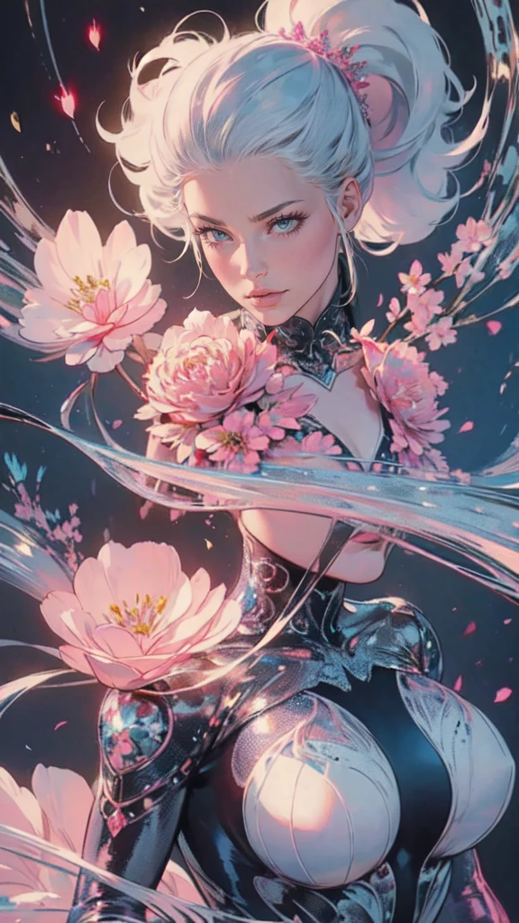 Beautiful lady , wonderful blue eyes, silver hair, pink lips, jacket cover her shoulderasterpiece, Top Quality, Best Quality, Official Art, Beautiful and Aesthetic: 1.2), (1 Flower), Upper Body, Extremely Detailed, (Fractal Art: 1.3), Colorful, Most Detailed, wearing jacket cover arms and shoulders
