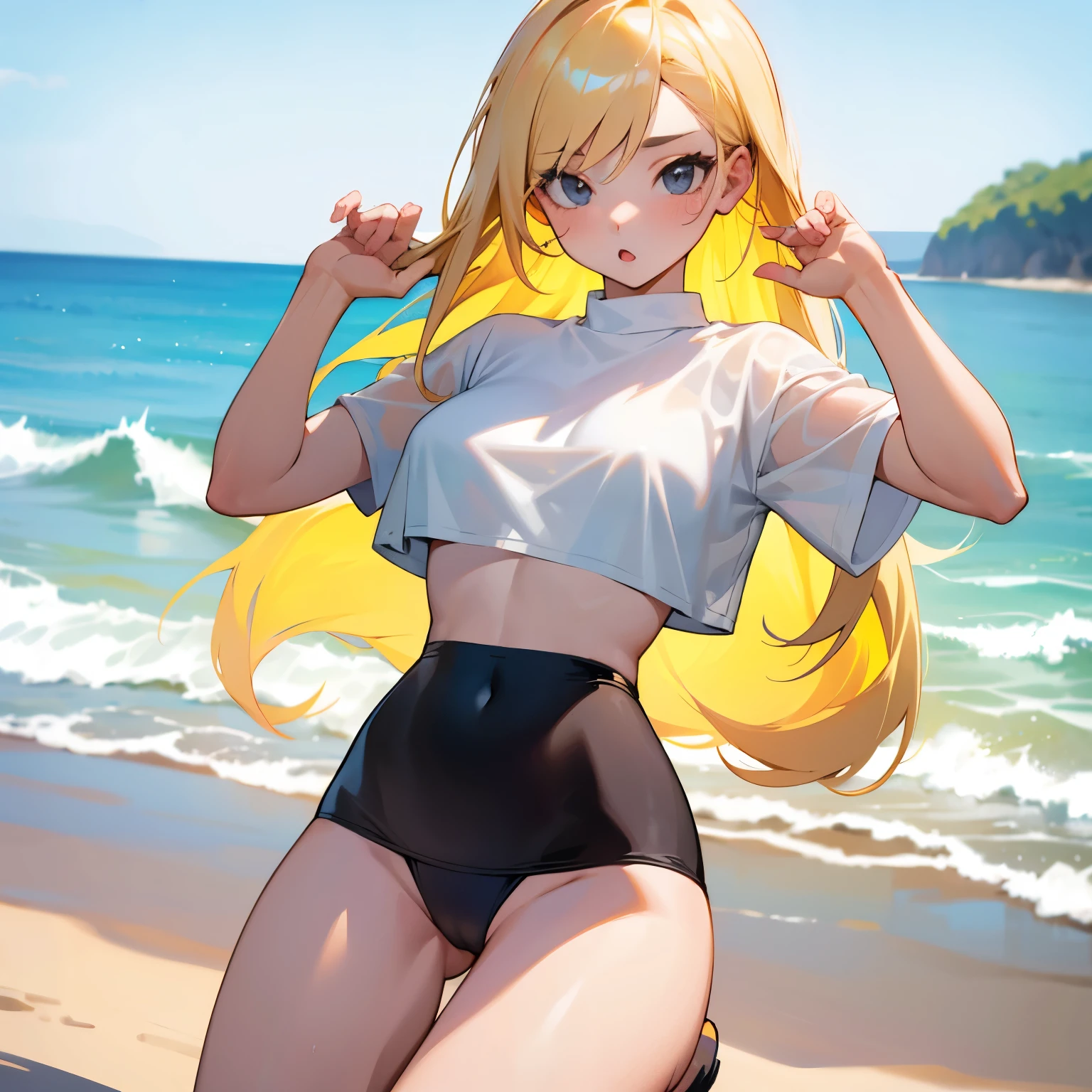 1girl, long blonde hair, black eyes, big breasts, big thighs, small waist, wearing see through plain white t-shirt, black bikini bottom, beach, absurdres, high res, ultrasharp, 8K, masterpiece, looking at viewer