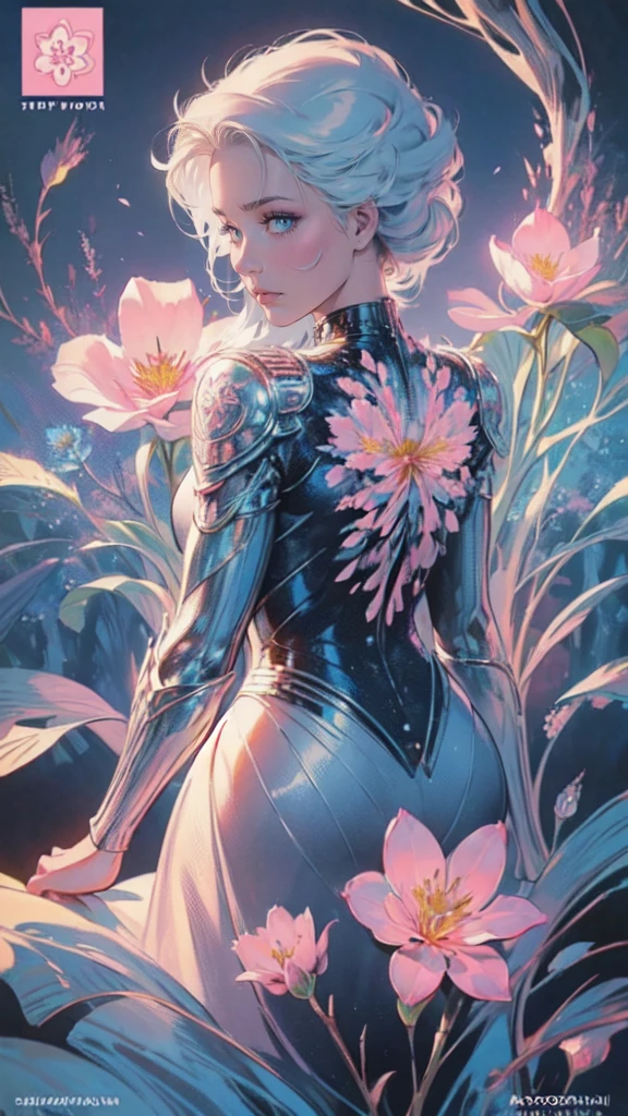 Beautiful lady , wonderful blue eyes, silver hair, pink lips, jacket cover her shoulderasterpiece, Top Quality, Best Quality, Official Art, Beautiful and Aesthetic: 1.2), (1 Flower), Upper Body, Extremely Detailed, (Fractal Art: 1.3), Colorful, Most Detailed, wearing jacket cover arms and shoulders