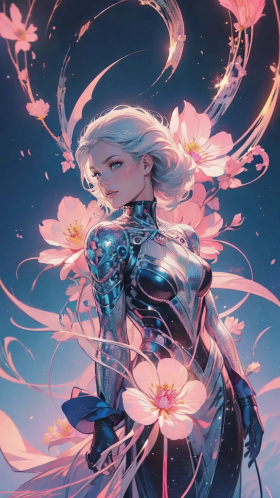 Beautiful lady , wonderful blue eyes, silver hair, pink lips, jacket cover her shoulderasterpiece, Top Quality, Best Quality, Official Art, Beautiful and Aesthetic: 1.2), (1 Flower), Upper Body, Extremely Detailed, (Fractal Art: 1.3), Colorful, Most Detailed, wearing jacket cover arms and shoulders 