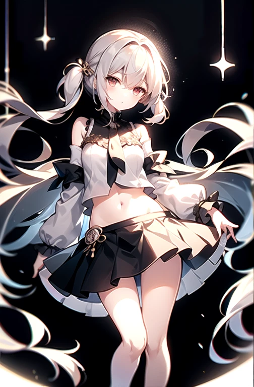 high quality,Top quality,high resolution,masterpiece, best quality, 1 Girl,bedroom,big eyes,Loli,Slender figure,short and small,Red eyes,White hair, Double ponytail hairstyle, Wear a white shirt,Show your belly button,Wear a short black skirt,Off-shoulder,Shy, blush,White pantyhose,Standing,Black casual boots,Full body photo,