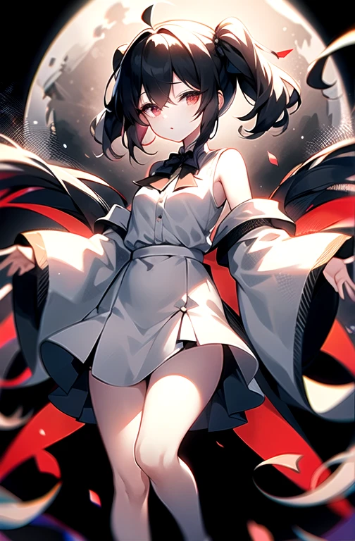high quality,Top quality,high resolution,masterpiece, best quality, 1 Girl,bedroom,big eyes,Loli,Slender figure,short and small,Red eyes,White hair, Double ponytail hairstyle, Wear a white shirt,Show your belly button,Wear a short black skirt,Off-shoulder,Shy, blush,White pantyhose,Standing,Black casual boots,Full body photo,