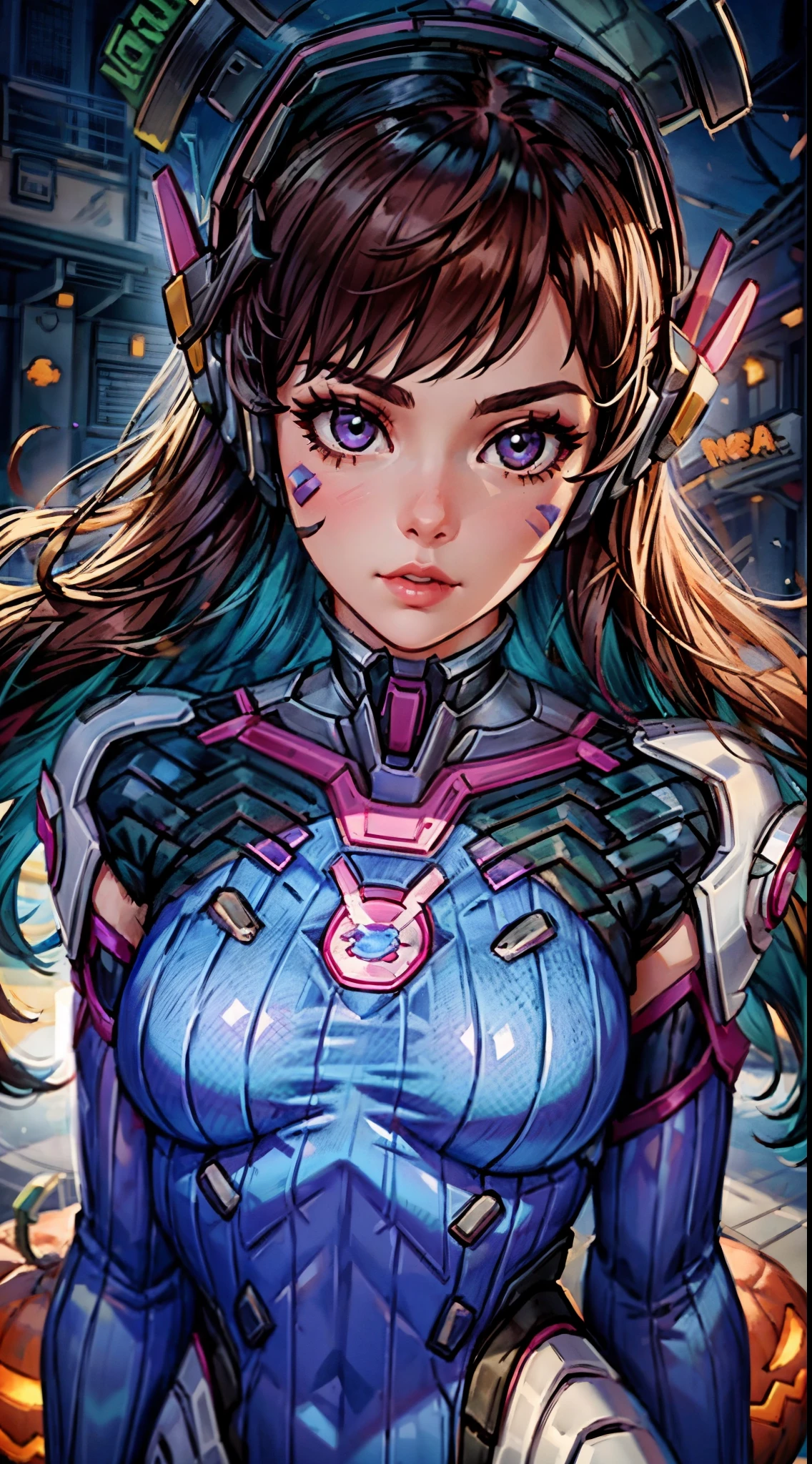 A girl ,from knee shot,cosplaying Dva from the game Overwatch, with a Halloween background. The portrait is of the highest quality (best quality, masterpiece:1.1) and has a realistic appearance (realistic:1.4). The focus is on the detailed depiction of the girl's face, specifically her beautiful eyes, detailed lips, and long eyelashes. The girl is dressed in a cosplay costume of the character Dva from Overwatch, and the scene is set against a Halloween-themed background. The colors of the portrait are vibrant and vivid. The lighting is well-balanced, highlighting the girl's features and creating a visually appealing atmosphere.