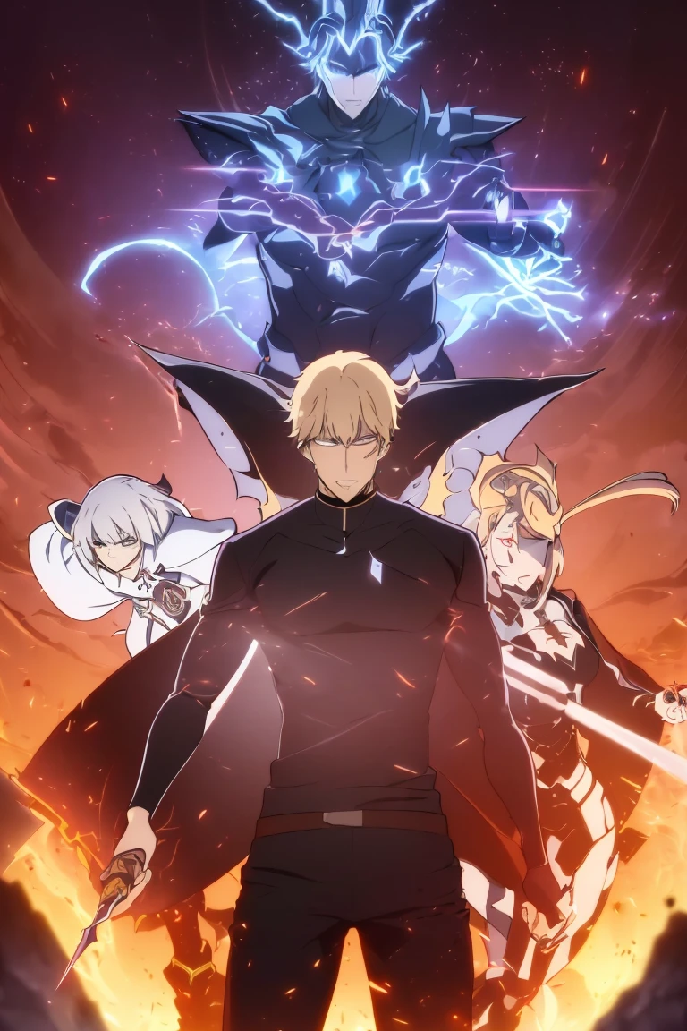 (Masterpiece), Best Quality, expressive eyes, a perfect face, 1boy, solo, one person, blond hair, blue eyes, Demon, Horns, horns demon, horns on head, Triangular horns, pointed ears, tail, long tail, cat tail, blue eyes, serious face, Emotionless face, trench coat, White trench coat, black fur on the cloak, black tank top, sleeveless T-shirt, Cut out the breasts, Small tattoo on the right arm, Black pants, top and bottom of clothes are connected, gold lines on clothes, Black Boots, short partially fingerless gloves, holding sword, Blue Sword,in destroyed world,Mikaela Hyakuya