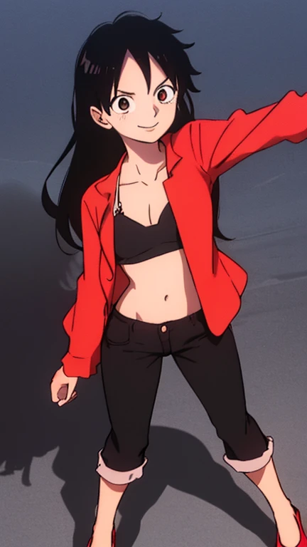 Female version of Monkey D Luffy, 1girl, looking at viewer, black long hair, (a scar under left eye), wearing a Strawhat, black bra, red open shirt, dark blue pants, best quality, masterpiece, extremely detailed, black eyes, smiling, full body, standing, red heels, fiery background, beautiful eyes, cute, sexy