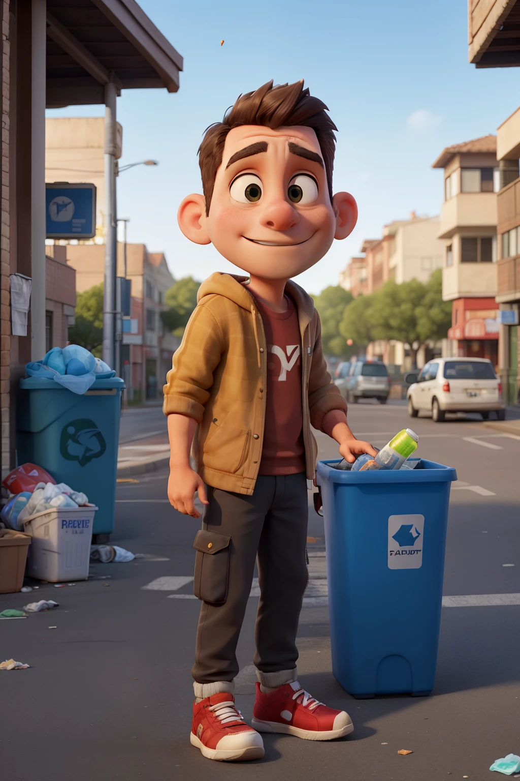 A photograph of a person on the street throwing a plastic bottle into a trash can, cara detallada, ropa discreta, His head is on the side looking in the direction of the garbage can., the moment is shown just when he is throwing the bottle into the trash, retrato, 8k hd, alta calidad