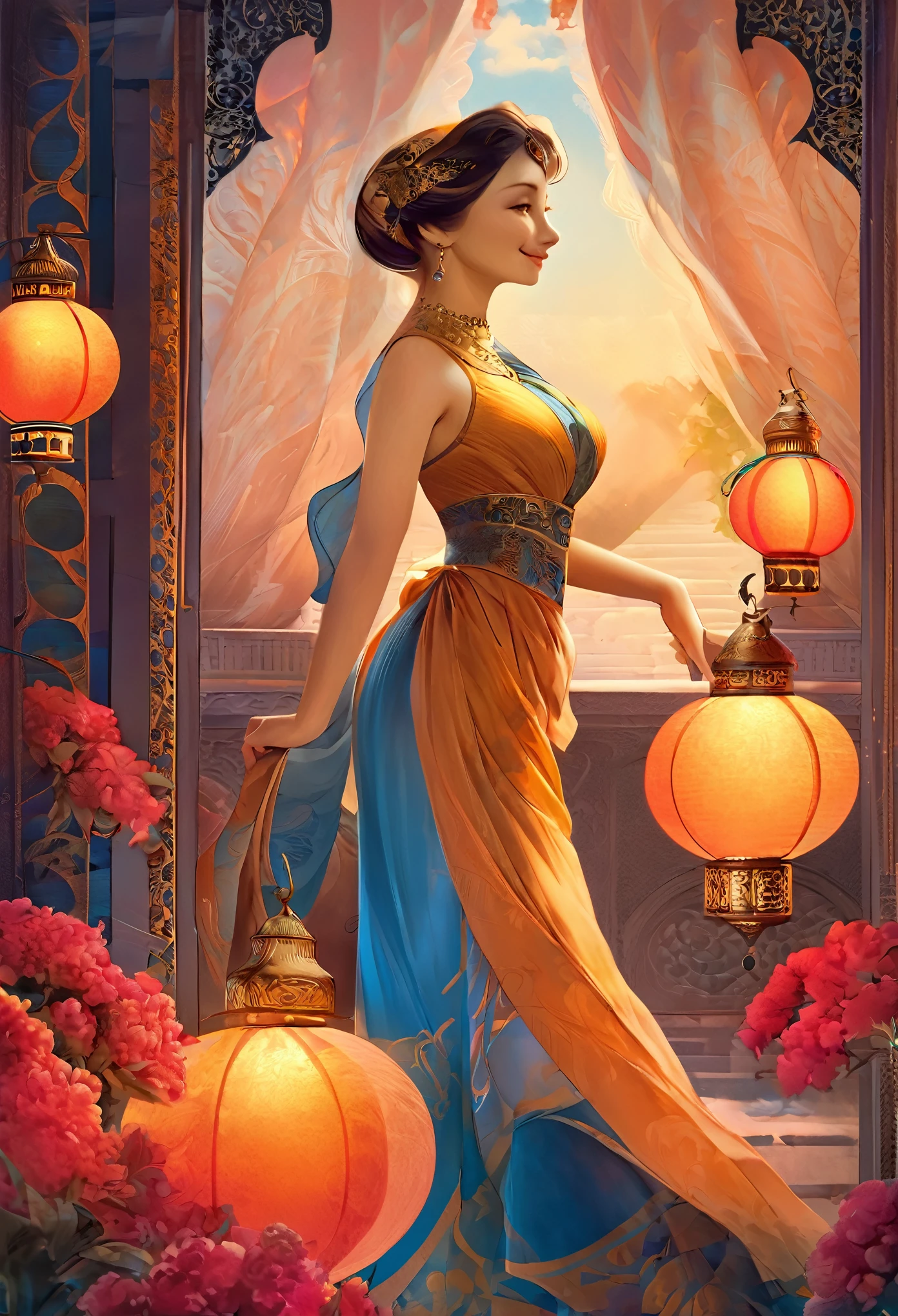masterpiece, best quality, novel illustration, highres, 19th century oriental aesthetics, turkish lantern, furry wusagi, adventurous heroine, vibrant colors, exoticism, enchanting world, arabian fantasy, radiant smile, charming character, playful attitude, elegant clothing, mesmerizing visual, dreamy environment, captivating design, dynamic composition, unforgettable experience, timeless beauty,