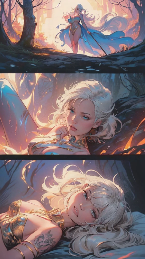 1 CHARACTER, 1 GIRL, dark night, kind person, ROSE, (masterpiece, top quality, best quality, official art, beautiful and aesthetic:1.2), , extreme detailed,(fractal art:1.3),colorful ,highest detailed,(A sexy woman in dress, A beautiful babe ,sex slave, erotic worker, prostitute, hooker),(sex pose, erotic design , erotic face, erotic pose),(small tits, golden hair , big eyes, sexy eyes body covered with tattoo, red lips, sexy lips, sexy face, hand tattoo, leg tattoo, chest tattoo ,pore white hair, (wearing sex slave accessory ,golden accessory, Slave bracelet, bracelet, , naked, magical forest,(((masterpiece))), (((best quality))), ((ultra-detailed)),(highly detailed CG illustration) ((an extremely delicate and beautiful)),cinematic light, Create a stunning artwork that mimics the style of currently trending masters of the genre. The art piece should contain elements of both erotic and sexual with colorful accents. The character in the artwork is a delicate but strong figure with an aura of mystery and magic. The character should be  with subtle breasts. Pay close attention to intricate facial features, such as mesmerizing eyes with vibrant colors and delicate shading. Incorporate vibrant colors, dynamic lighting, and detailed background elements to create a sense of awe and immersion. Consider the latest trends in fantasy art, such as incorporating unique lighting effects, exploring dynamic and compelling composition techniques, and experimenting with unique color palettes. Take inspiration from the top artists on Art Station and Mid journey. Camera: Choose an angle that highlights the character's beauty and enhances the magical majesty of the artwork. Lighting: Utilize atmospheric lighting techniques to create depth and mood. Resolution: Aim for a high-resolution art work to showcase intricate details and clarity. Art Inspirations: Seek inspiration from the trending artists on Art Station, exploring different styles genres and themes, pay attention to hands