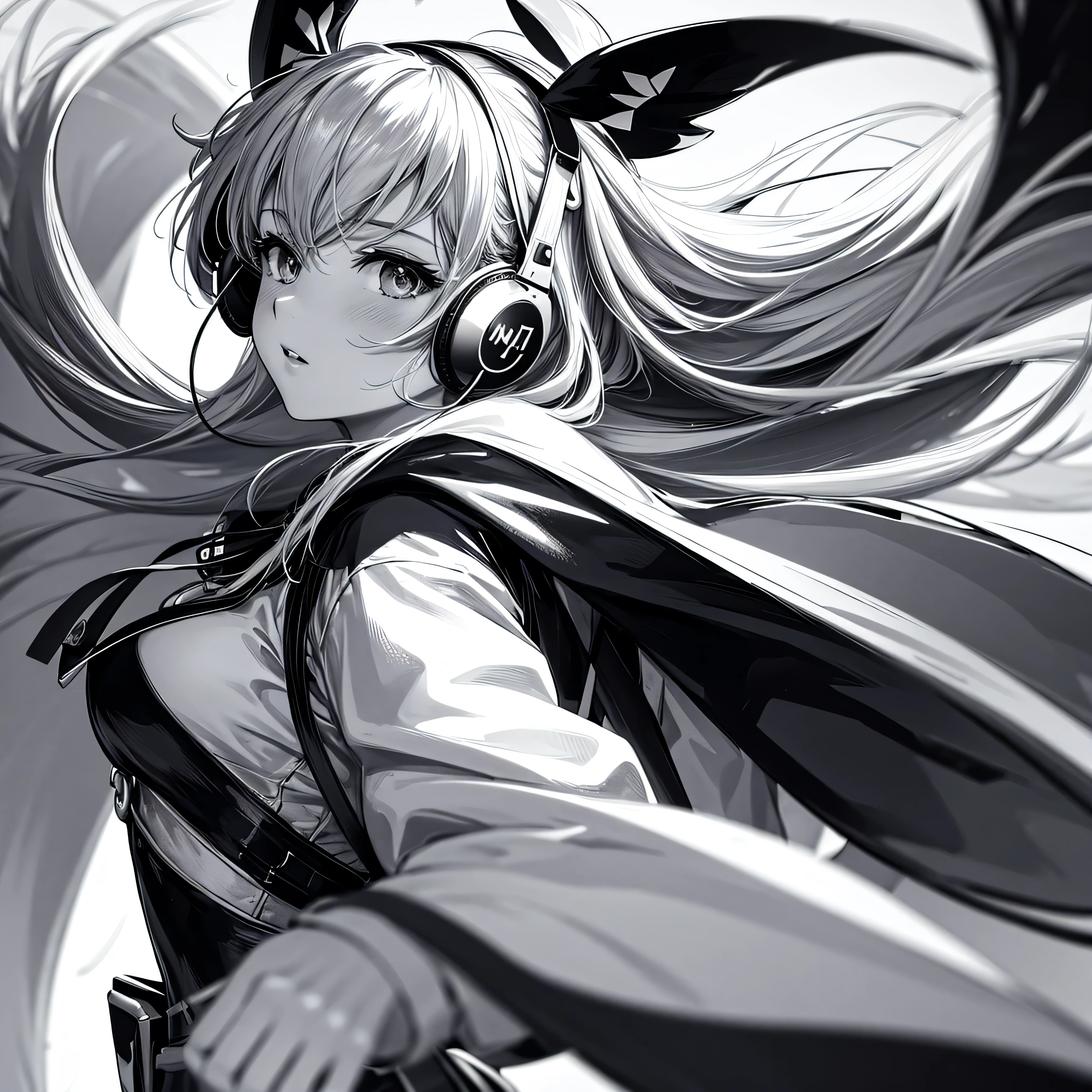 line art, best quality, super fine, monochrome, portrait, profile picture, anime girl, wearing headphones, looking at viewer, fantasy image, fantastic and mysterious, wind, wind effect, motion blur, lines action, fast lines