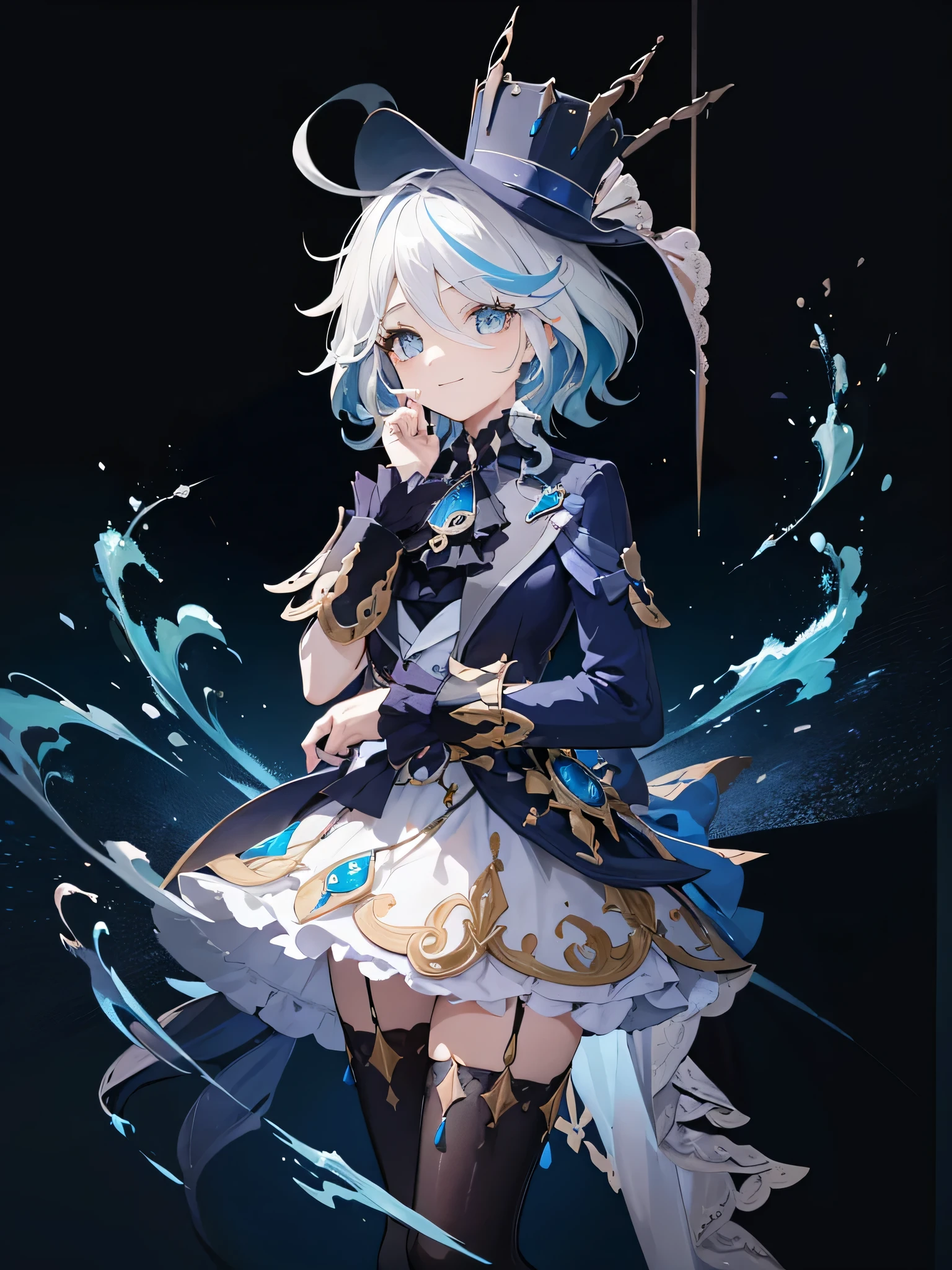 one girl, very cute girl, light smile, game illustration, furina, white hair, highlighted hair, blue hair, blue eyes, top hat, jump, hand-drawn illustrations, jewelry up, don't show fingers.