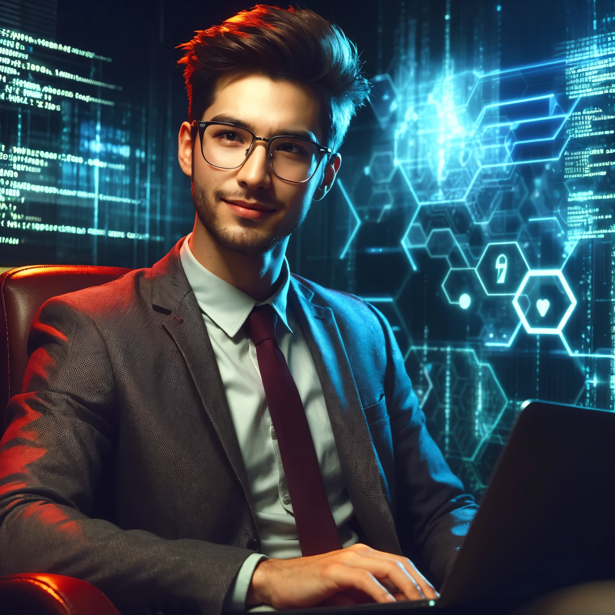 Professional photography masterpiece with 1 model: a confident, charming man in modern suit casual trendy attire, 20 years old, short maroon taper fade hir trendy, wearing trendy eyeglasses, with a subtle smile, looking happy, analyzing code on his notebook with silver luxury skin neon anonymous designs, posing sitting on a chair, against a breathtaking hacker office backdrop with added holographic screen, resembling a Sony 7000D photo, in high definition with dramatic lighting and added dramatic color effects.