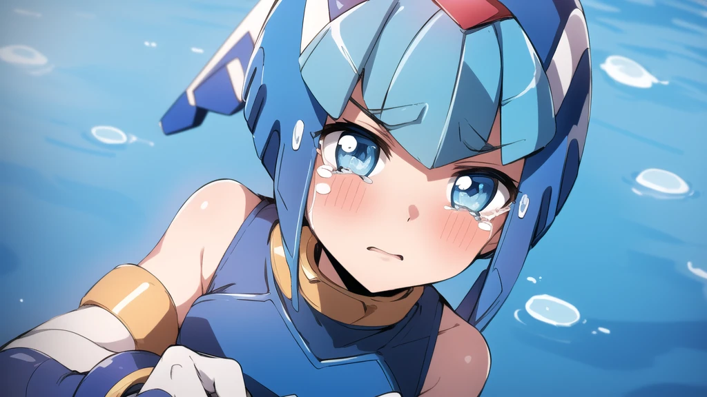 Leviathan Megaman 1 girl, looking at viewer, blue hair, Blue eyes, sea background, Blushed, Tears running down cheeks , face only 