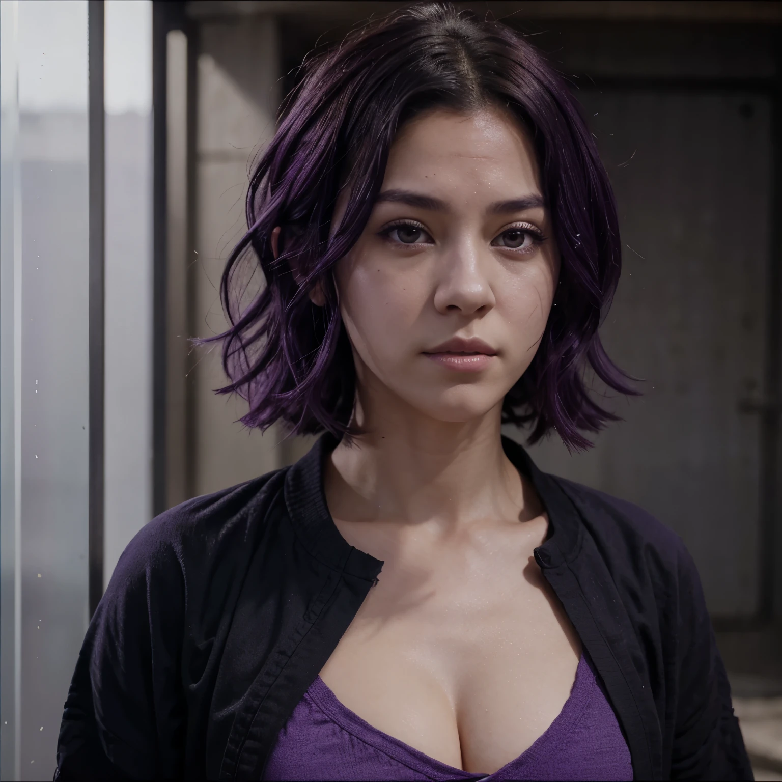 Jujutsu Kaisen screenshot of a girl with dark curly hair with purple highlights and thin lilac eyes with long eyelashes