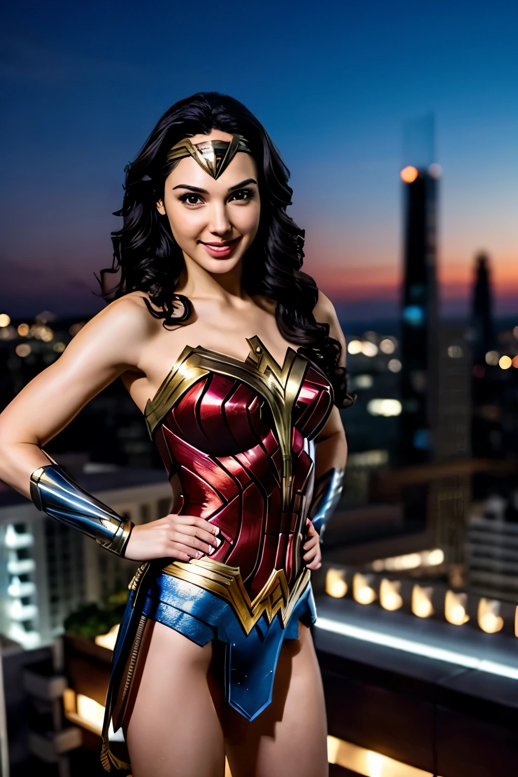 Gal Gadot、Wonder Woman、Smiling with teeth showing、Arms crossed、Sexy Body、On the rooftop of a high-rise building with a night view