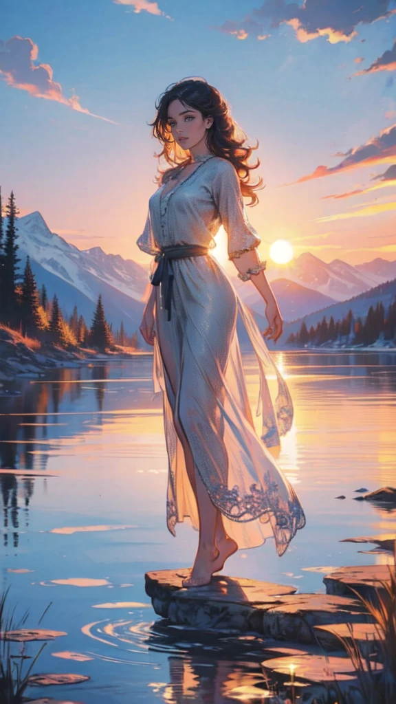 1 girl, happy expression, charming eyes, straight long hair, flowing skirt, big, looking at the sun, calm posture, porcelain-like skin, subtle blush, crystal pendant BREAK Golden Hour, (edge lighting): 1.2, cool colors, sun flare, soft shadows, bright colors, painting effects, fantastic atmosphere BREAK Scenic lakes, distant mountains, pine trees, mountain tops, reflections, sunlit clouds, tranquil atmosphere, idyllic sunrise, Ultra detailed, official art, unified 8k wallpapers, zentangle, mandala
