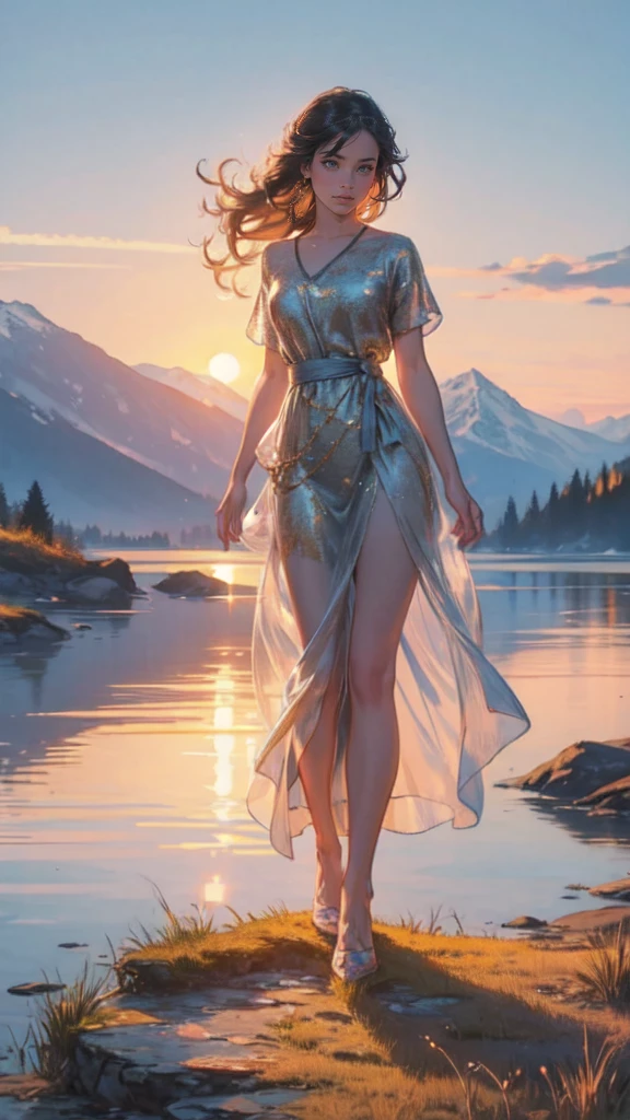 1 girl, happy expression, charming eyes, straight long hair, flowing skirt, big, looking at the sun, calm posture, porcelain-like skin, subtle blush, crystal pendant BREAK Golden Hour, (edge lighting): 1.2, cool colors, sun flare, soft shadows, bright colors, painting effects, fantastic atmosphere BREAK Scenic lakes, distant mountains, pine trees, mountain tops, reflections, sunlit clouds, tranquil atmosphere, idyllic sunrise, Ultra detailed, official art, unified 8k wallpapers, zentangle, mandala