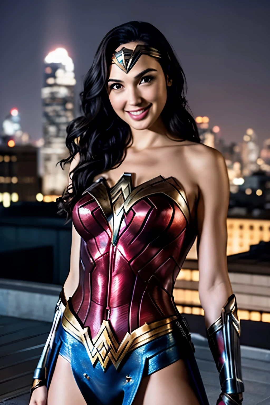 Gal Gadot、Wonder Woman、Smiling with teeth showing、Arms crossed、Sexy Body、On the rooftop of a high-rise building with a night view