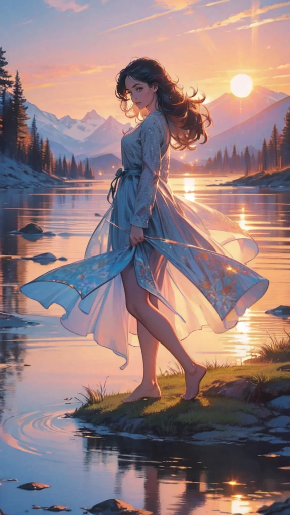 1 girl, happy expression, charming eyes, straight long hair, flowing skirt, big, looking at the sun, calm posture, porcelain-like skin, subtle blush, crystal pendant BREAK Golden Hour, (edge lighting): 1.2, cool colors, sun flare, soft shadows, bright colors, painting effects, fantastic atmosphere BREAK Scenic lakes, distant mountains, pine trees, mountain tops, reflections, sunlit clouds, tranquil atmosphere, idyllic sunrise, Ultra detailed, official art, unified 8k wallpapers, zentangle, mandala