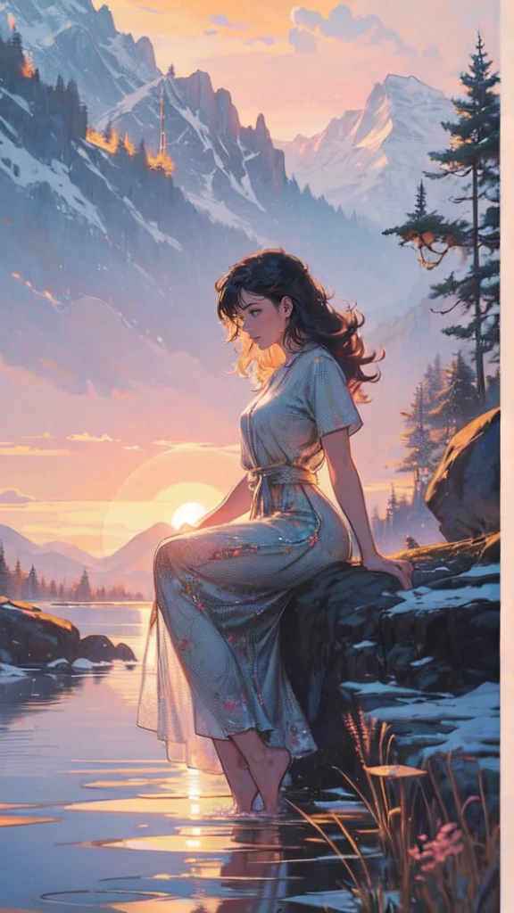 1 girl, happy expression, charming eyes, straight long hair, flowing skirt, big, looking at the sun, calm posture, porcelain-like skin, subtle blush, crystal pendant BREAK Golden Hour, (edge lighting): 1.2, cool colors, sun flare, soft shadows, bright colors, painting effects, fantastic atmosphere BREAK Scenic lakes, distant mountains, pine trees, mountain tops, reflections, sunlit clouds, tranquil atmosphere, idyllic sunrise, Ultra detailed, official art, unified 8k wallpapers, zentangle, mandala