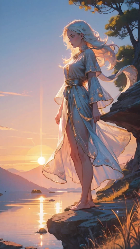 1 girl, happy expression, charming eyes, straight long hair, flowing skirt, big, looking at the sun, calm posture, porcelain-like skin, subtle blush, crystal pendant BREAK Golden Hour, (edge lighting): 1.2, cool colors, sun flare, soft shadows, bright colors, painting effects, fantastic atmosphere BREAK Scenic lakes, distant mountains, pine trees, mountain tops, reflections, sunlit clouds, tranquil atmosphere, idyllic sunrise, Ultra detailed, official art, unified 8k wallpapers, zentangle, mandala