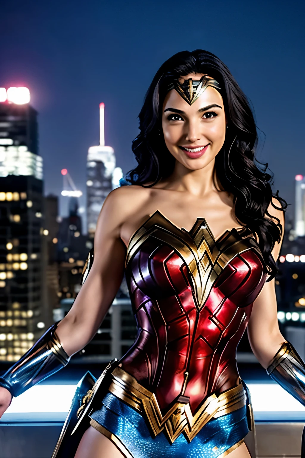 Gal Gadot、Wonder Woman、Smiling with teeth showing、Arms crossed、Sexy Body、On the rooftop of a high-rise building with a night view