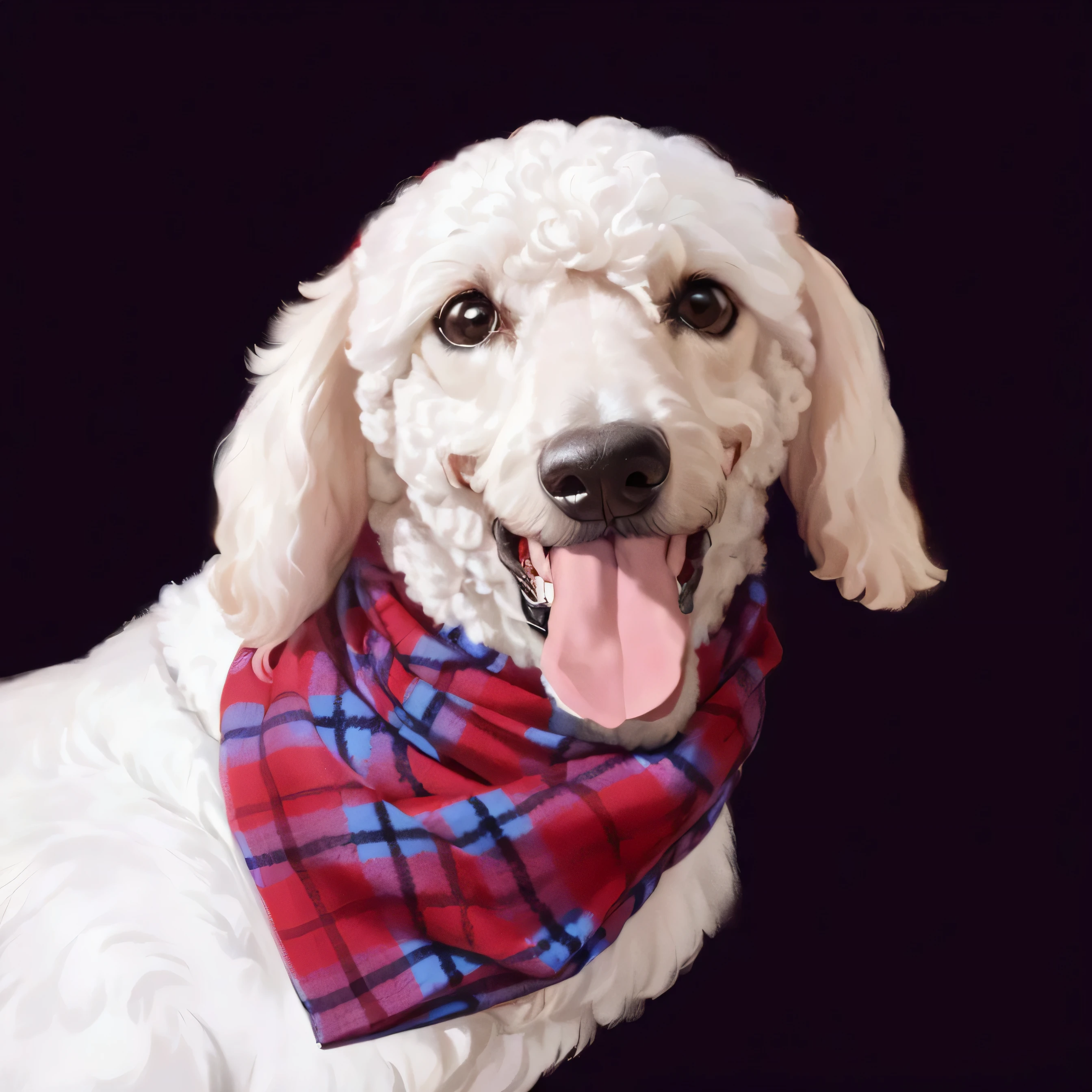 arafed poodle with a red and blue plaid Bandana, he is wearing a red scarf, detailed foto de retrato, tiro de glamour, Bandana, Bandanas, um lindo, retrato detalhado, Scottish, retrato completo, jazzy, pet, retrato de alta qualidade, bela, fotografia de retrato, moderno, pimenta, foto de retrato, accurately colored, Spangled, fast, quatro patas, estilo disney