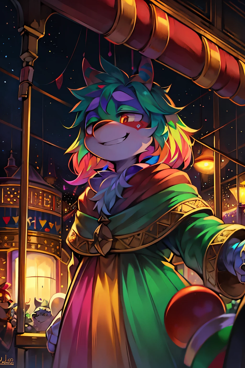 In the twilight hour of the bustling carnival, a solitary clown is found lost in thought amidst the vibrant chaos that surrounds him. The merry-go-round, bathed in the glow of multicolored lights, casts an ethereal and poignant atmosphere, reflecting off the teardrop that glistens on the clown's rouged cheek. With a mischievous grin adorning his neon-painted face, this lone jester seems to defy the cheerful facade of his environment.
In this whimsically chilling scene, the clown's vivid red and green attire stands out starkly against