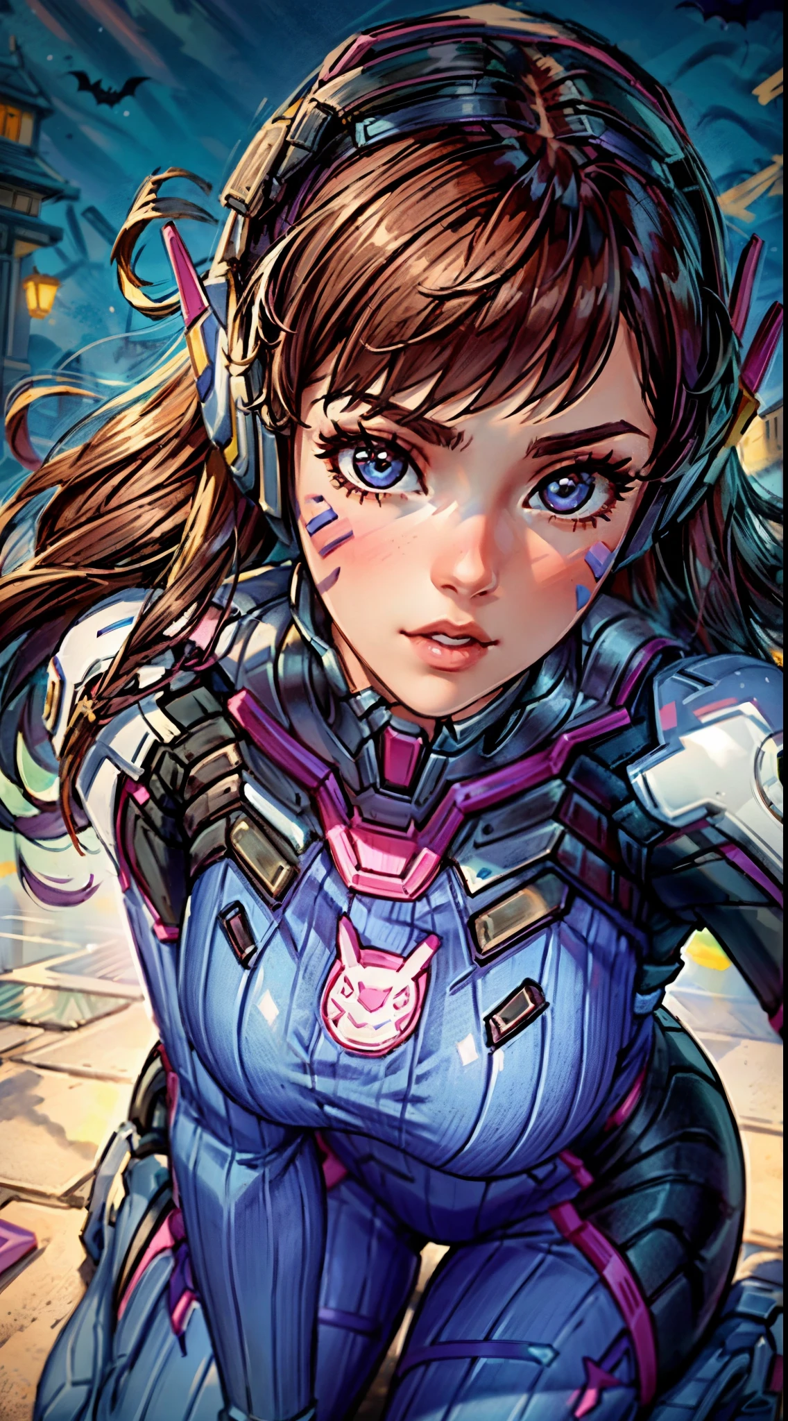 A girl ,from knee shot,cosplaying Dva from the game Overwatch, with a Halloween background. The portrait is of the highest quality (best quality, masterpiece:1.1) and has a realistic appearance (realistic:1.4). The focus is on the detailed depiction of the girl's face, specifically her beautiful eyes, detailed lips, and long eyelashes. The girl is dressed in a cosplay costume of the character Dva from Overwatch, and the scene is set against a Halloween-themed background. The colors of the portrait are vibrant and vivid. The lighting is well-balanced, highlighting the girl's features and creating a visually appealing atmosphere.,kneeling