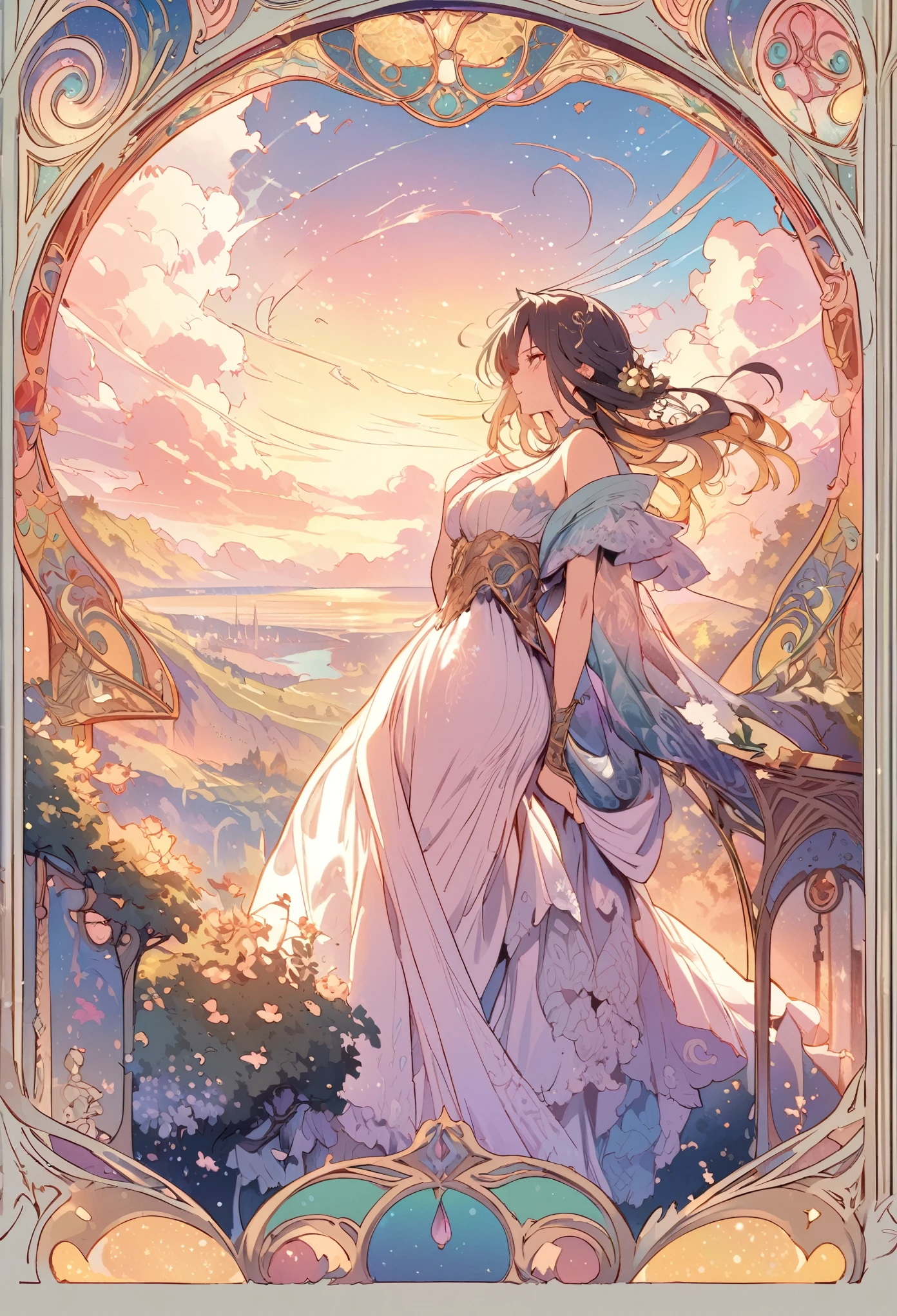 masterpiece, best quality, novel illustration, highres, 12-page spread, vibrant colors, stunning detail, gorgeous designs, evoke emotions, magical world, whimsical scenes, charming characters, lush landscape, flowing clouds, vivid imagination, enchanting atmosphere, mesmerizing scenery, dreamlike fantasy, imaginative tale, captivating storytelling, beautiful page layout, perfect composition, art nouveau style, elegant lines, intricate patterns, exquisite finesse, delicate touches, sensual allurement, romantic ambiance, intimate moments,