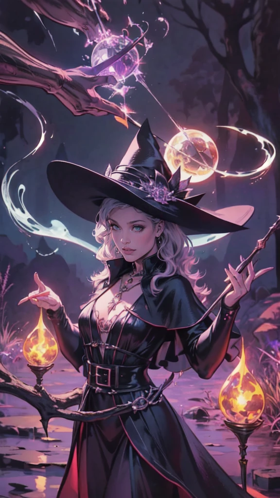 "Witchy Accessories": An illustration showcasing the iconic accessories of witches, including a pointed hat, broomstick, cauldron, and crystal ball, arranged in a visually appealing composition, Ultra realism, color field printing, high detail, UHD, 8k, anatomically correct, cinematic lighting 4d quality