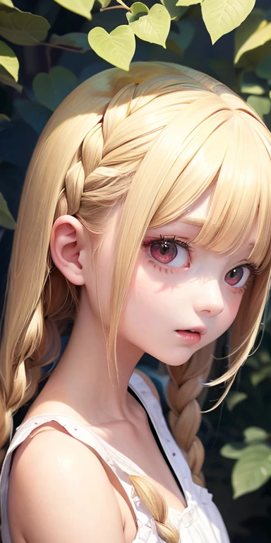 Top quality masterpiece illustrations、Blonde hair and red eyes、Girl in white clothes looking up、Beautiful face with hair in side braids at an angle on the upper body is fair.。