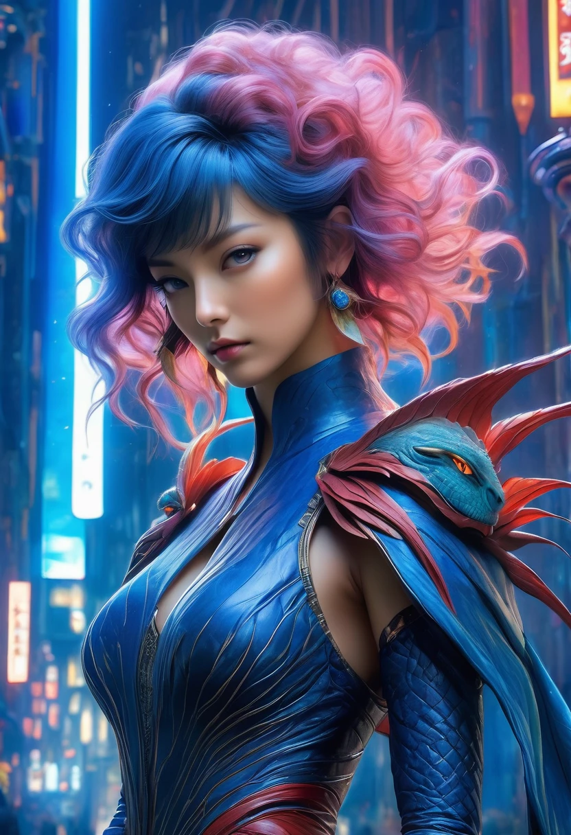 best quality,4k,8k,highres,masterpiece:1.2,ultra-detailed,realistic:1.37,HDR,UHD,studio lighting,ultra-fine painting,sharp focus,physically-based rendering,(Yoshitaka Amano style:1.1),SFW,(safe for work), An italian woman and her guardian familiar, mystical creature,otherworldly creature,kaiju-like,enchanting companions,wearing stylish futuristic clothes,inspired by Phantasy Star Online, dynamic poses, (The woman, with her eyes brightly colored, no makeup and her italian facial features elegantly detailed, adding to her allure. Dressed in elegant casual clothes with a stylish futuristic jacket.),(She has beautiful short curly black hair), (She is accompanied by a guardian, a vegetal and viper mixed creature with exquisite carnivorous plant features. The creature's presence adds a sense of wonder and magic to the scene.), (The woman and her companion stand in a dark and gothic city, a modern metropolis with exotic alien plants, and vibrant signs. The colors are vibrant, with a mixture of dark blues, browns, and pale reds creating a dreamlike atmosphere.), (The lighting is soft but illuminating, casting a gentle glow on both the woman and the creature.), (The overall composition has a realistic and photorealistic quality, capturing the essence of the scene in intricate detail.), (The art style is inspired by Yoshitaka Amano, known for his ethereal and otherworldly illustrations. The combination of realistic elements with the artist's unique style creates a captivating and visually stunning image.),Greg Rutkowski