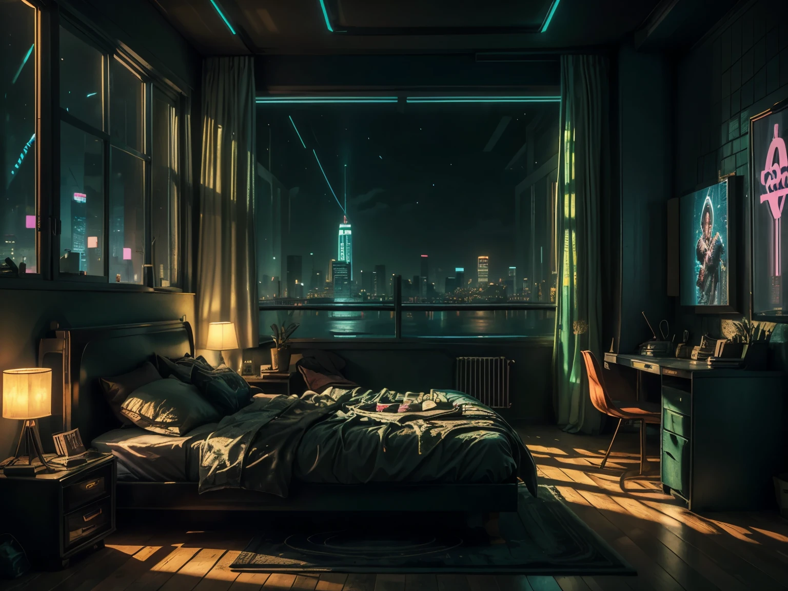 This a (((masterpiece))). Generate a cozy bedroom with a large window directly in front of the camera. The bedroom should be cool and peaceful, with retro furnishings and accessories. Through the window is brilliant cyberpunk city awash with vaporwave neon light and blinking, colorful signs. It is nighttime, and the city is much brighter than the interior of the room. Contrast the peaceful interior of the bedroom with the busy, ultra-detailed cityscape seen through the window. The perspective of this artwork is from inside the bedroom looking out. 