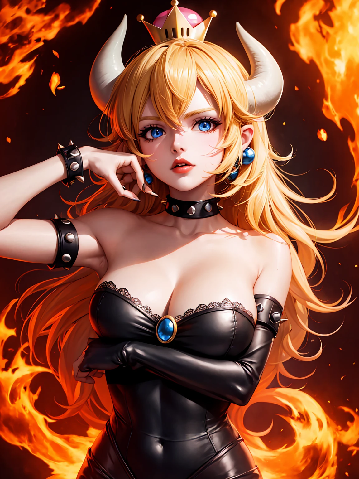 ((high detailed, best quality, 4k, masterpiece, hd:1.3)), ((best quality)), (((HD))), (((8k))), (ultraDH), (ultra HD), Princess Daisy, blue eyes, BREAK blue eyes, seductive, attractive, smooth anime cg art, 36C breasts, long legs, vivid colors, detailed digital art, slim body, perfect skin, dark blonde hair, long hair, blonde hair, blonde hair, BREAK crown, cleavage, 36C cleavage, looking at viewer, BREAK looking at viewer, extremely detailed face, red santa suit, red santa claus suit, santa claus suit, earrings, gem, dark black makeup lips, dark gothic eyeshadows, dark eyeshadows, black eyeshadows, black sexy lips, black lips, (dark:1.2), dark lips, very dark lips, (perfect hands, perfect anatomy), black makeup, black medium lips, black thick lips, detailed fingers, five fingers per hand, 5 fingers, (1 girl), detailed lips, detailed black lips, black painted lips, gothic painted lips, BREAK night, night sky, (breast focus), (arms outstreched:1.2), (from above:1.1), (breasts out:1.3), (off shoulder:1.1), (white horns), (bra), inside a lava castle, she inside a sea of lava, she bathing in lava,