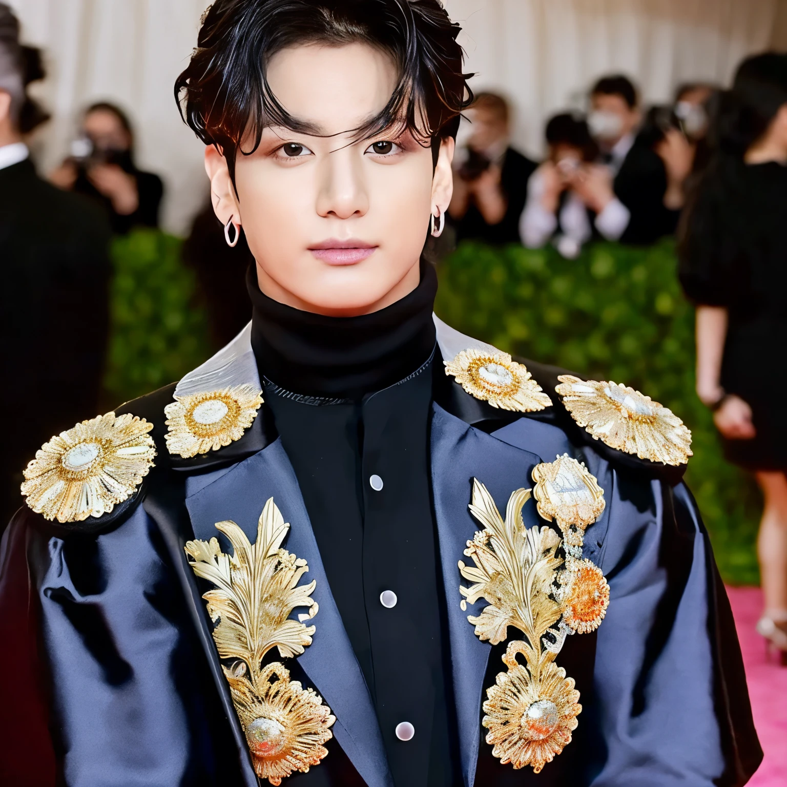 Muy detallado, alta calidad, Obra maestra, jungkook posando en la met gala, alfombra blanca con tonos azules, happy expression, Pelo negro, con mechones azules desordenado, (ropa extravagante 1.1), camiseta con hojas de jardin, saco con flores coloridas, zapatos altos negros, maquillaje ligero masculino, (Collar de plata: 1.2), gafas de sol en la cabeza, sosteniendo flores,fotografos y escaparate en el fondo, dentro de la met gala.