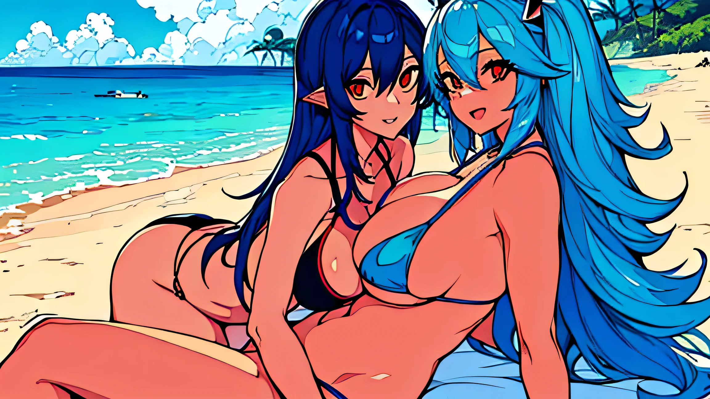 two shark girls , one woman on another woman's lap womanl wearing a bikini, ,facing each other, blue hair, shark teeth, huge breasts, Toned thighs beautiful beach, detailed beach