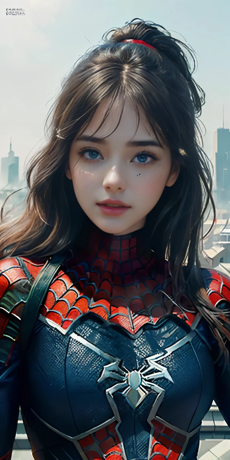 (1girl:1.3), Solo, (((Very detailed face)))), ((Very detailed eyes and face)))), Beautiful detail eyes, Body parts__, Official art, Unified 8k wallpaper, Super detailed, beautiful and beautiful, beautiful, masterpiece, best quality, original, masterpiece, super fine photo, best quality, super high resolution, realistic realism, sunlight, full body portrait, amazing beauty, dynamic pose, delicate face, vibrant eyes, (from the front), She wears Spider-Man suit, red and black color scheme, spider, very detailed city roof background, rooftop, overlooking the city, detailed face, detailed complex busy background, messy, gorgeous, milky white, highly detailed skin, realistic skin details, visible pores, clear focus, volumetric fog, 8k uhd, DSLR, high quality, film grain, fair skin, photo realism, lomography, futuristic dystopian megalopolis, translucent