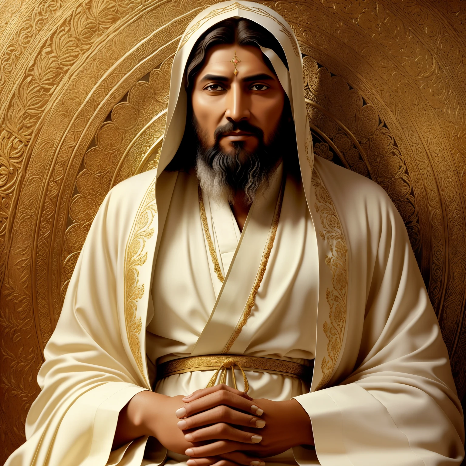 A revered religious figure, Hazrat Ali, portrayed with profound serenity, (wisdom: 1.5), (robes: 1.2), (detailed embroidery: 1.3), sitting under the tranquil shade of an ancient tree, (golden aura: 1.1),, (masterful painting: 1.2),, ultra high definition, hyper-realistic, capturing every minute detail of his noble features and divine presence, a spiritual masterpiece, best quality, close up, inspiring devotion and peace, (realistic skin texture: 1.4), the embodiment of wisdom and grace, dressed in traditional attire,