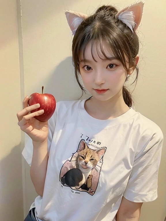 a large amount of apples, Cat耳の女の子, Cat耳, Cat,Ｔshirt,