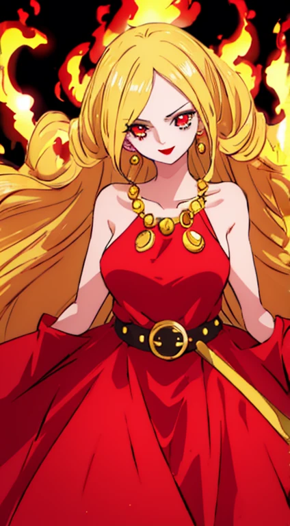 Beautiful anime girl, solo, 1girl, looking at viewer, cute, beautiful, red eyes, long hair, open hair, blonde hair, strawhat, one piece, smiling, smooth skin, light skin, red lips, anime, best quality, masterpiece, extremely detailed, 4k, red eyes, beautiful red eyes, detailed face, detailed eyes, red dress, golden belt, golden necklace, golden earings, standing, fiery background, stable eyes, extremely beautiful, highres, high quality eyes, (hair covering one eye), fire powers, wanostyle, ((masterpiece)), (best quality), (extremely detailed), depth of field, sketch, dark intense shadows, sharp focus, soft lighting, hdr, colorful, good composition, spectacular, anime screencap,