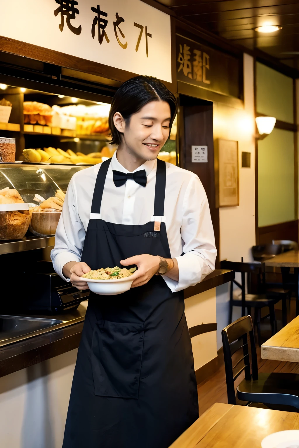 hombre con ropa de mesero y un delantal, restaurante de comida japonesa. warm environments