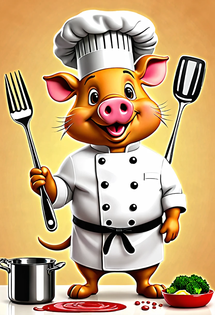 Imagen animada de un cerdo con gorro de chef y utensilios para asar 