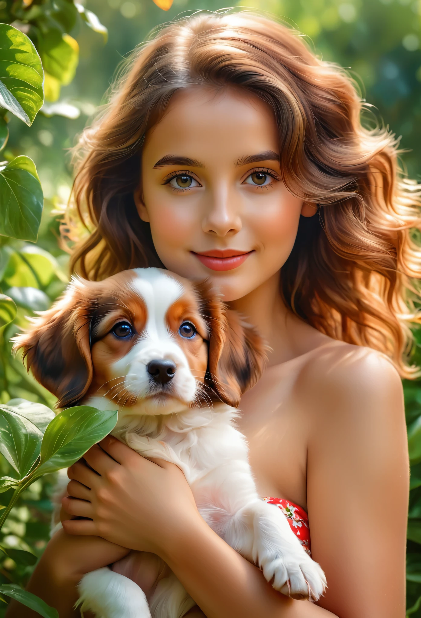 (top quality, 4k, 8K, a high resolution, masterpiece:1.2), very detailed, (realistic, photorealistic, photo-realistic:1.37), realistic,Portraits, beautiful NUDIST girl, holding kooikerhondje, paintings, soft strokes, Bright colors, garden background, detailed girl eyes, detailed girl lips, peaceful expression, little red bikini, figure, Tender smile, natural sunlight, lush greenery, playful puppy, Wavy hair, subtle shadows, fine features, captivating look, Sunlight penetrates through the trees, Botanical elements, Floral patterns, sweet connection, Bright and cheerful atmosphere, Innocent charm, loving bond between girl and puppy,accurate depiction of Kooikerhondje&#39;s appearance, Tender interaction,three-dimensional and realistic presentation,capture the emotional connection between people and animals, positive and emotional emotions, Impeccable attention to detail,carefully composed composition, realistic fur texture and color rendering, Subtle highlights and shading, Impressionistic style of painting, ethereal and dreamlike quality, blond hair,  years