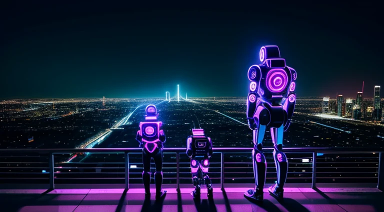 Una familia de robots mostrando la espalda viendo una ciudad a la velocidad de la luz neon