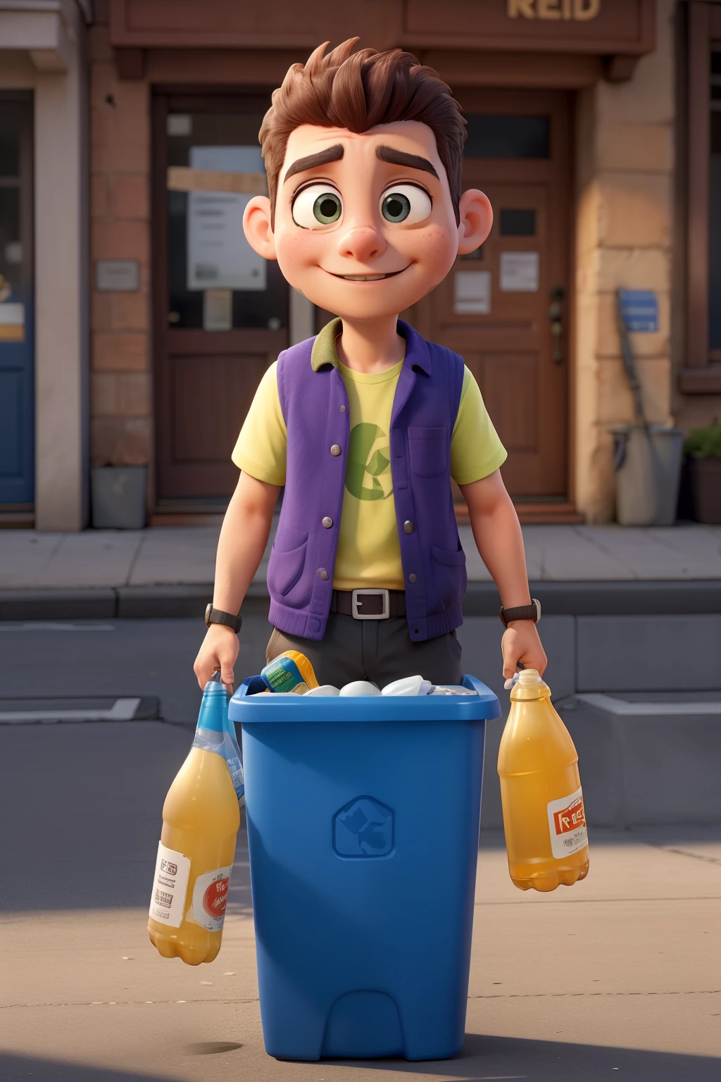 A photograph of a person on the street throwing a plastic bottle into a trash can, cara detallada, ropa discreta, se muestra el momento arrojando la botella a la basura, with a plastic bottle in his hand, basurero no tiene logo, retrato, 8k hd, alta calidad