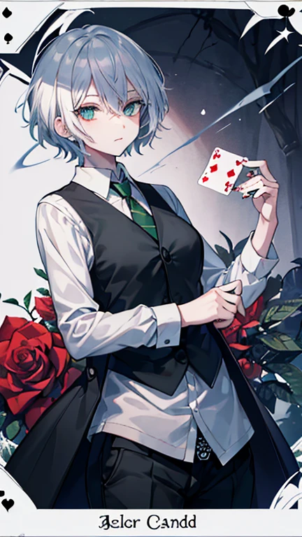 female white hair amber eyes short hair in the forest orginal school uniform Pose with movement green tie one person Black vest Decisive pose coat masterpiece Highest image quality noise removal clear parts cinematic shadow Increased attractiveness of the eyes clear parts the shine of the eyes Draw eyelashes neatly perfect eyes detailed eyes Sharpen image quality Sharpen eye writing clear parts eye shape, (((Playing Card Joker Poker Card) with rose motif at the center with a stylized ornament))