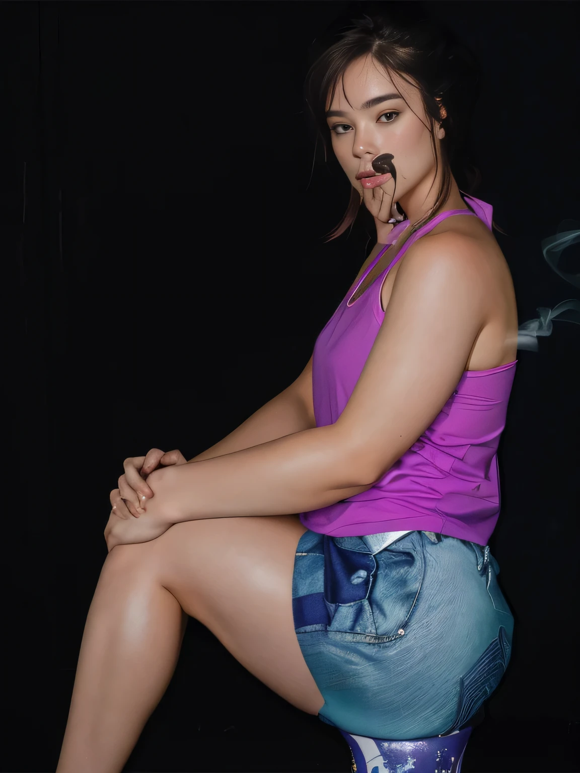 there is a woman sitting on a stool with a purple shirt, squatting pose, sitting on bent knees, photo from the back, squatting, side pose, forward facing pose, leg and hip shot, squatting down next to a pool, from the side, smoking with squat down pose, shoulder in front pose, armfold pose!, woman posing