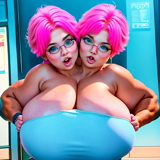a two headed 24 year old morbidly obese yet very muscular woman with pink hair horrified by being a freak with her 40 year old mother as her second head. She has a huge ass. She is clearly straining with her two conjoined heads as she’s shitting her pants in public.